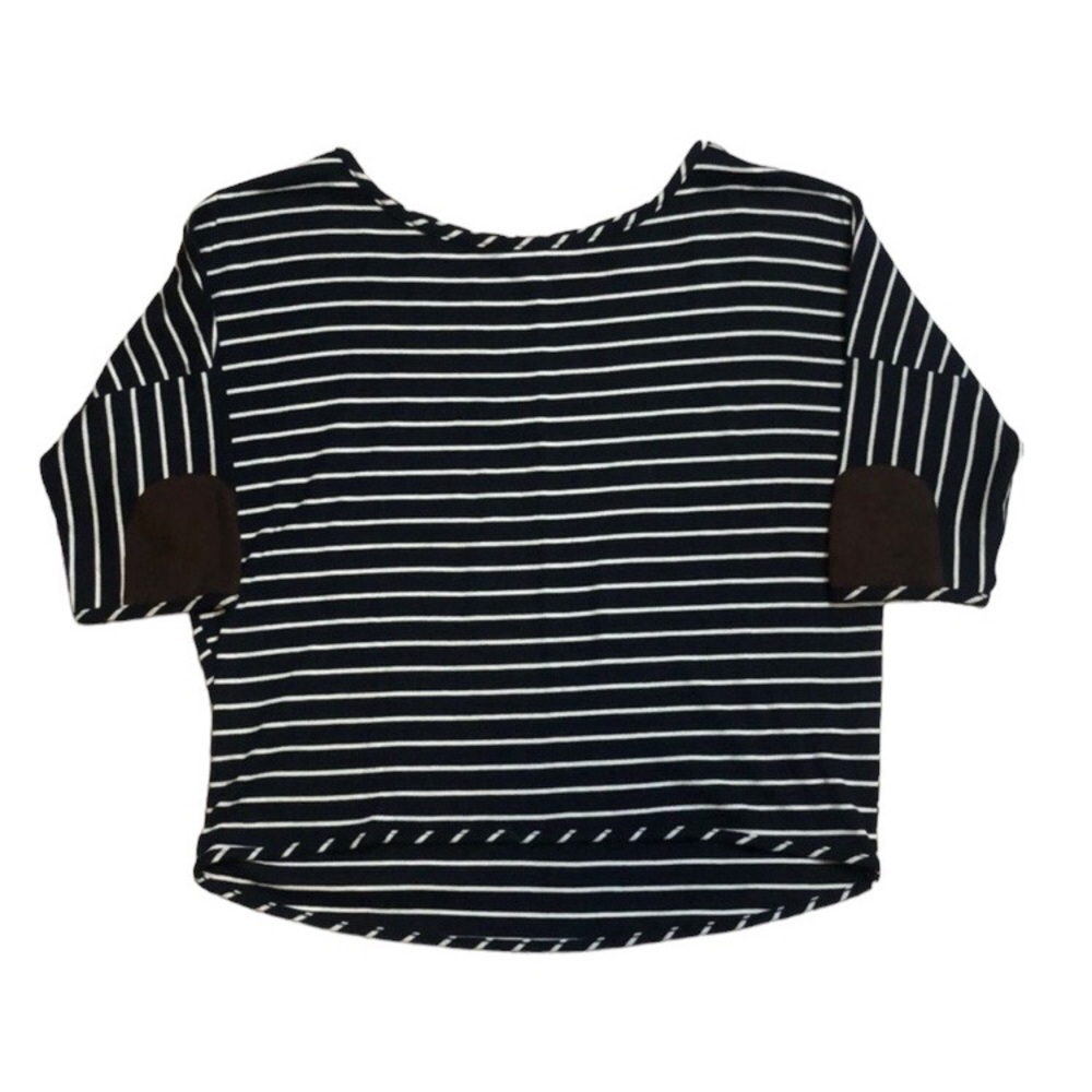 Monteau 3/4 Sleeve Striped Cropped Top w/Faux Suede Elbow Patches Size Small EUC
